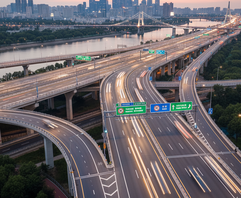 Smart highway safety and traffic technology on modern expressway interchange